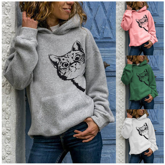Cat Pattern Printed Long-Sleeved Hooded Sweater Women - Pet Perfection