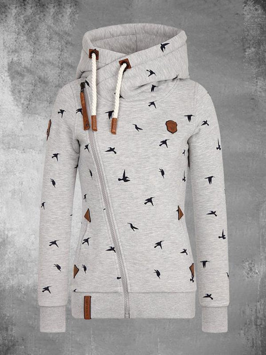 Bird Digital Print Hooded Pocket Zipper Cardigan Jacket - Pet Perfection