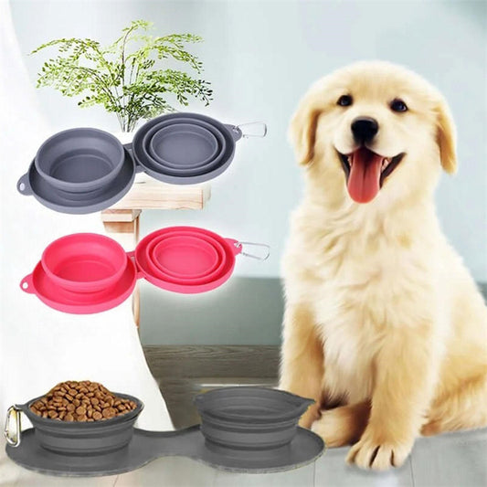 Foldaway Rubber, Double Feeding Bowl  - with carabiner for easy carrying - Pet Perfection