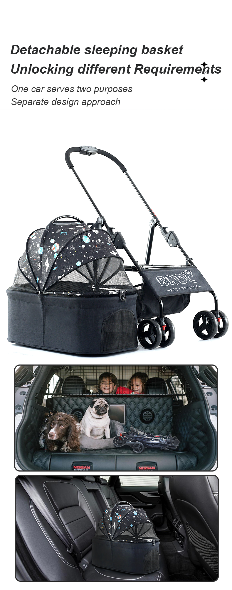 Cat Or Dog Stroller (8 Wheels Pet Trolley), with Detachable Carrier - Pet Perfection