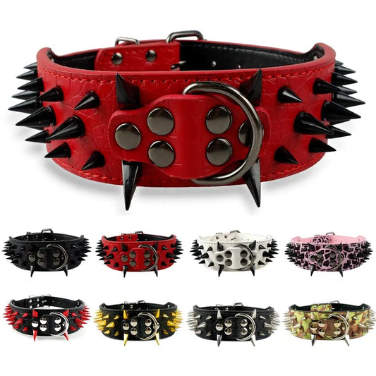 2" Wide Spiked Studded Leather Dog Collar - Many Colours