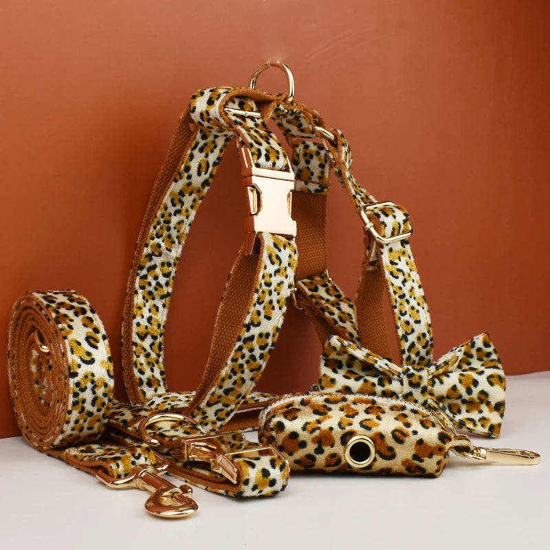 Customisable Leopard Print Dog Collar, Leash, Harness, & Poo Bag Holder sets